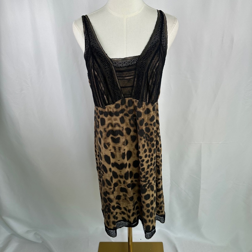Soma Cool Nights Chemise Nightgown M Brown Leopard Lace Trim Sleep Dress Slip
